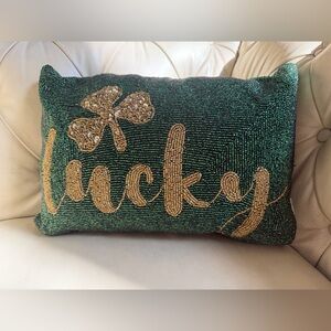 Green and Gold Beaded Decorative Pillow